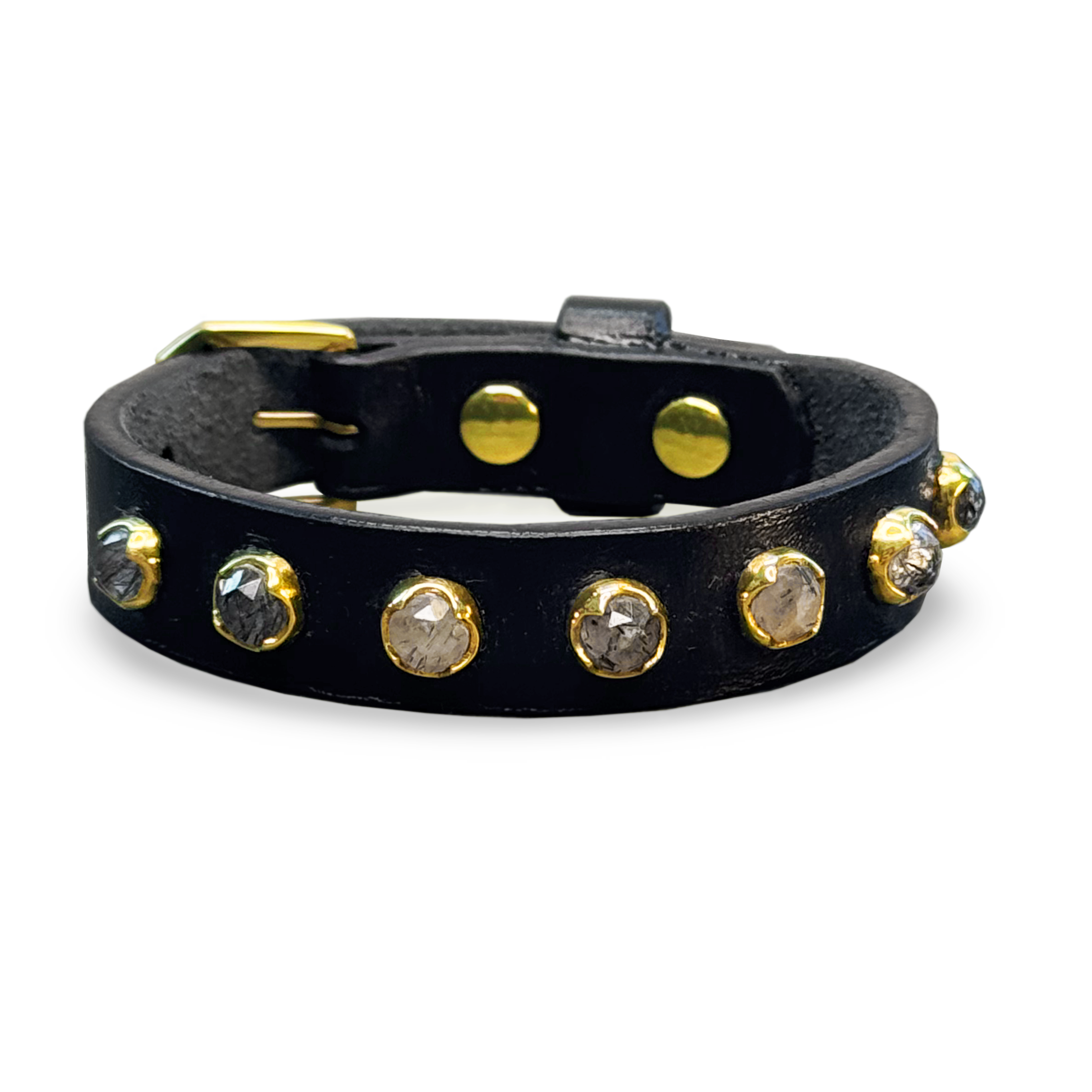 Black Leather Buckle Bracelet with Rosecut Toumalinated Quartz